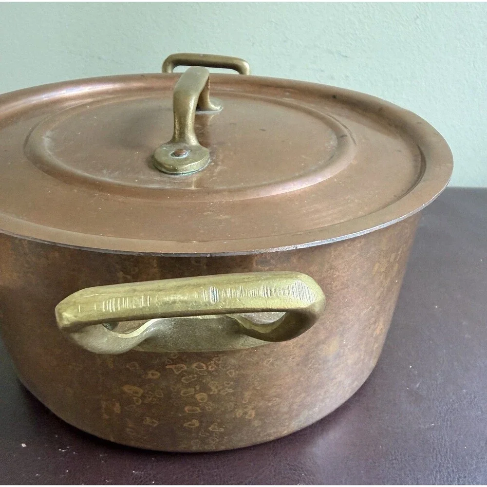 Vintage Copper Pot With Lid Brass Handles Patina Cottagecore French Country farm